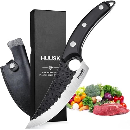 Huusk Knives from Japan - Viking Boning Knife for Meat Cutting with Sheath - Caveman Ultimo Knife for Kitchen or Camping - Hand Forged Full Tang Knives - Gift for Men and Women