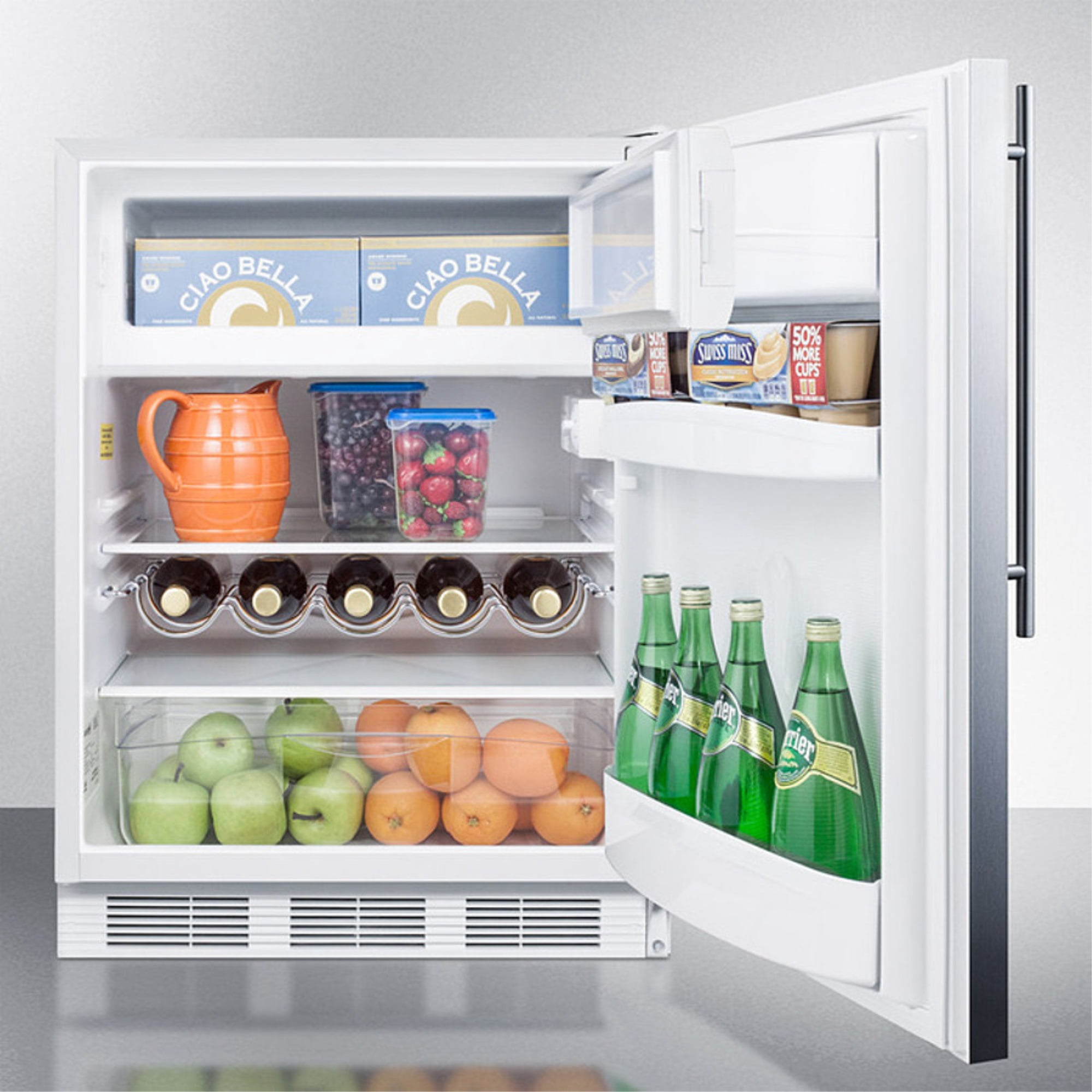 Built-in undercounter refrigerator-freezer for residential use, cycle defrost w/deluxe interior, stainless steel wrapped door, thin handle, and white cabinet