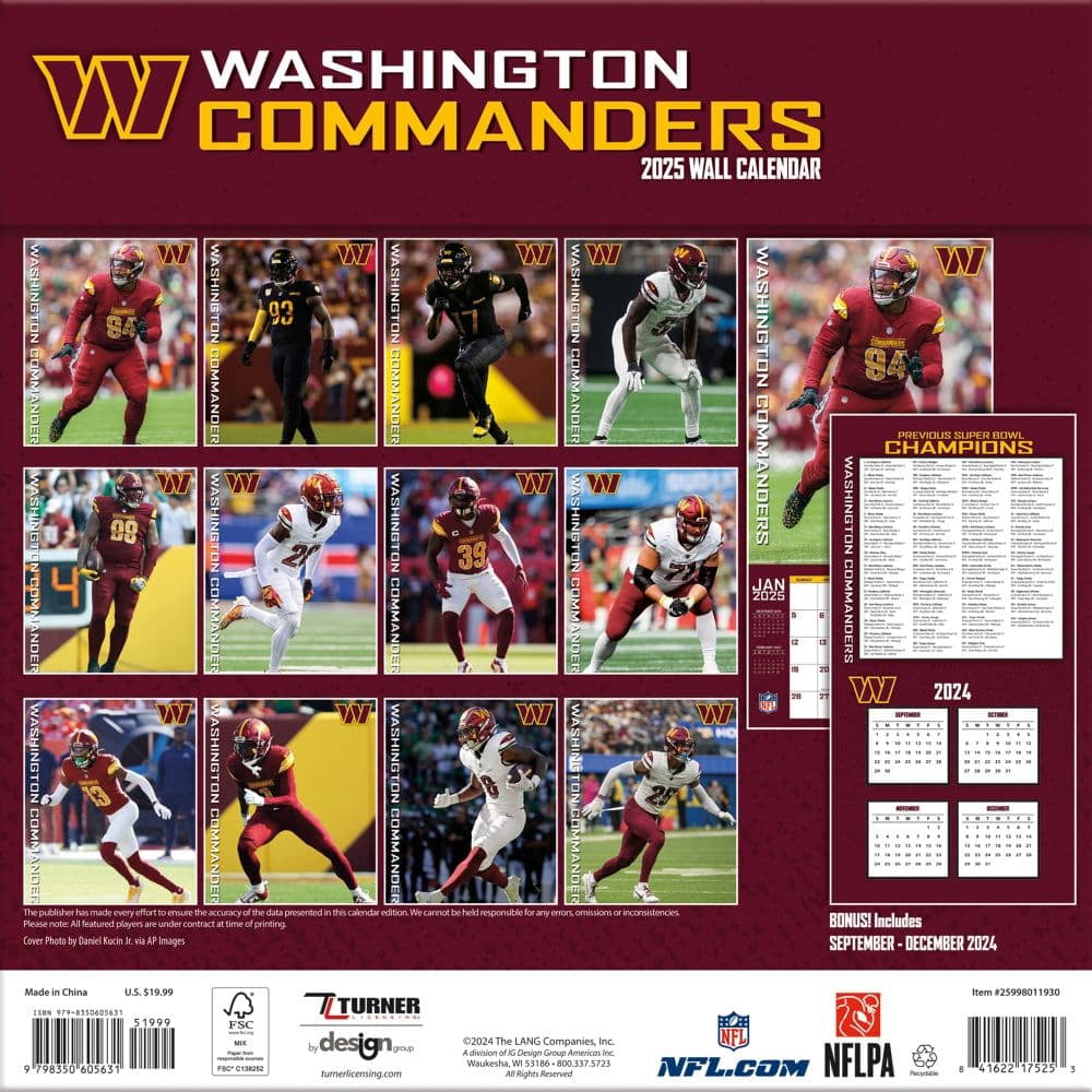 2025 12X12 TEAM WALL CALENDAR, WASHINGTON COMMANDERS
