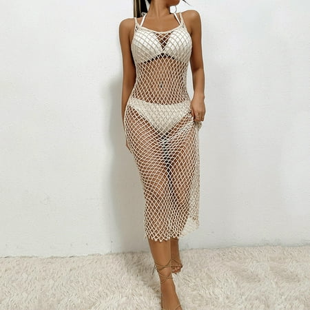 MJTBGFSWG Bikini Cover Ups for Women Women Beach Cover Up Hollow Grid Beach Skirt Bikini Outer Camisole Dress Cover Ups