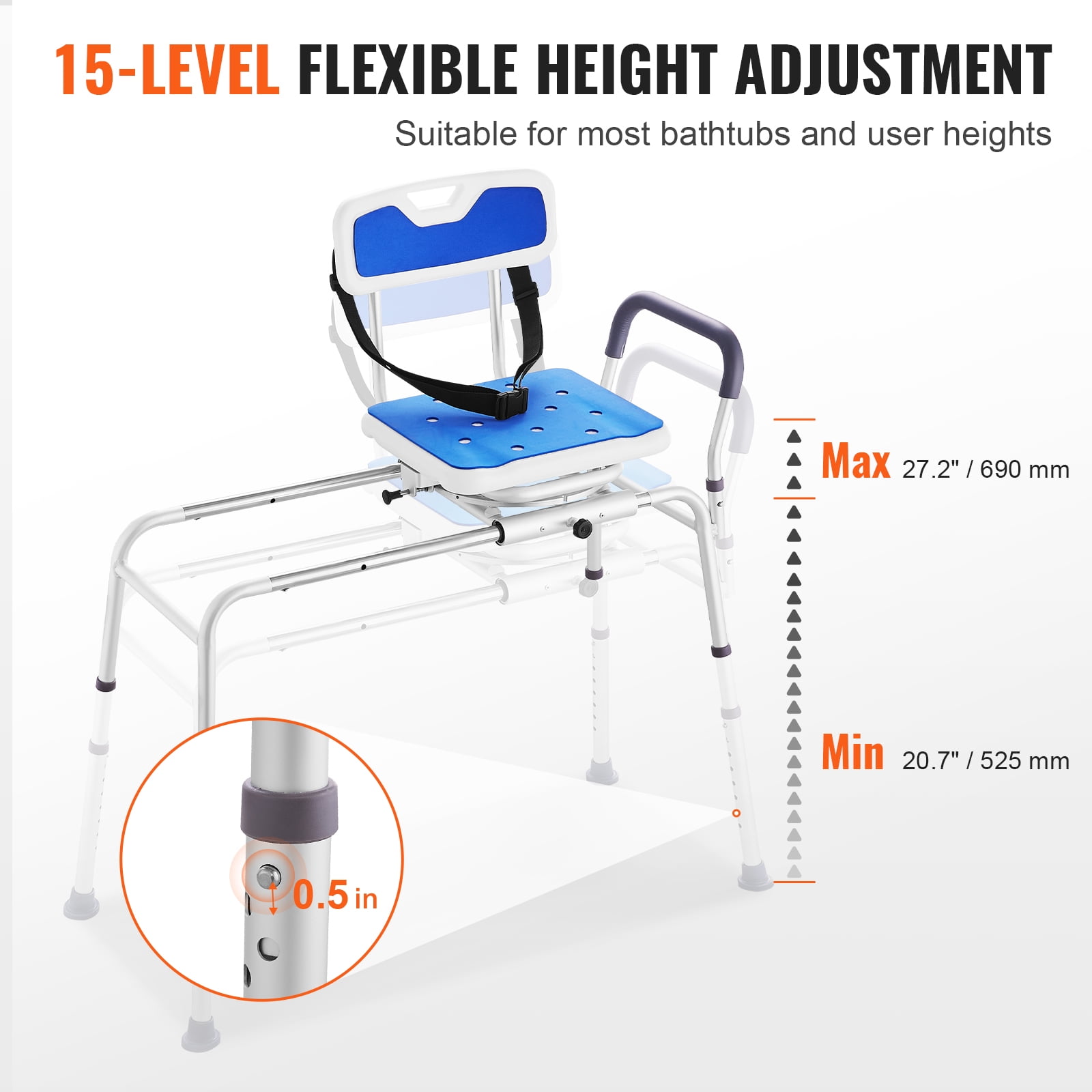 VEVOR Sliding Tub Transfer Bench with 360 Degree Swivel Seat, Height Adjustable Bathtub Transfer Bench with Armrest & Safety Belt, Non-Slip Rotating Shower Chair for Elderly Disabled