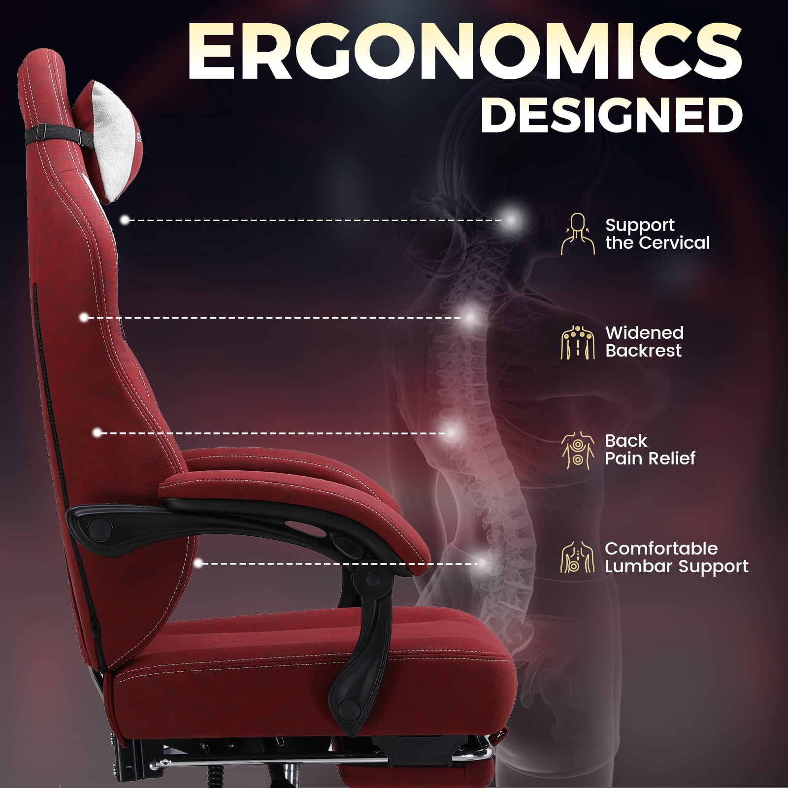 GTPLAYER Big and Tall Ergonomic High Back Breathable Fabric Gaming Computer Chair with Strong Lumbar Support and Footrest, Red