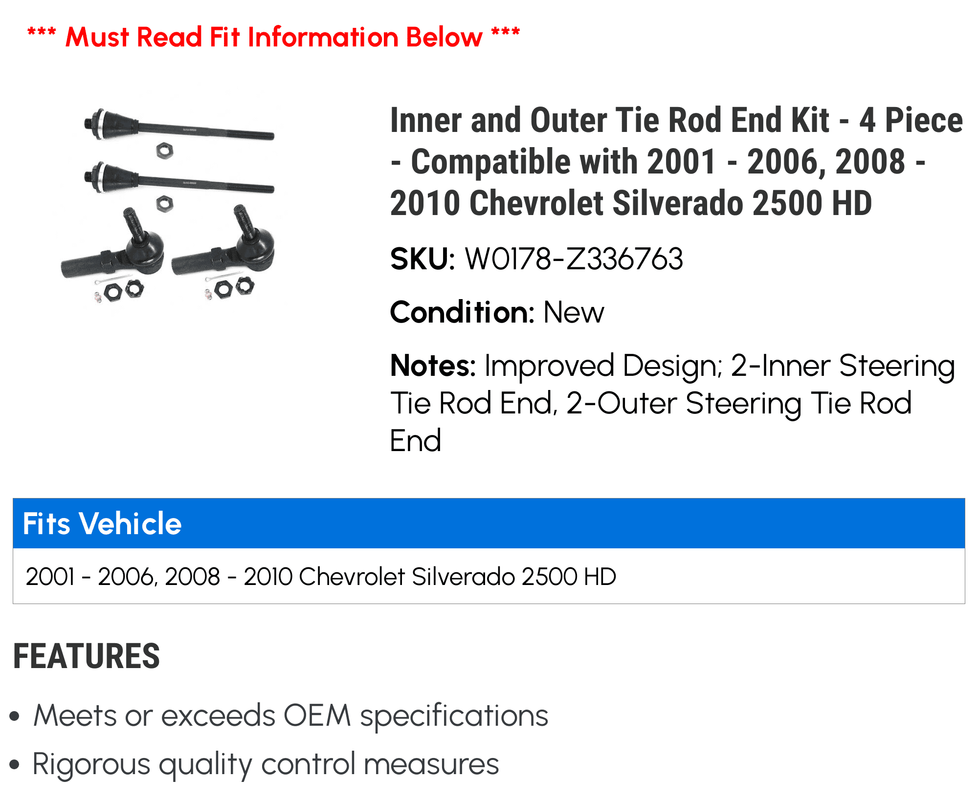 Inner and Outer Tie Rod End Kit - 4 Piece - Compatible with 2001 - 2006, 2008 - 2010 Chevy Silverado 2500 HD 2002 2003 2004 2005 2009