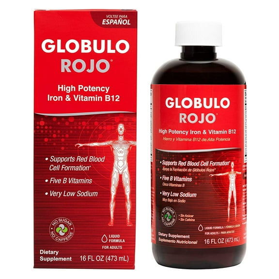 Globulo Rojo Slow Release Liquid Iron Supplement with High Potency Iron & Vitamin B12, Supports Low Iron Levels, 16 Fl