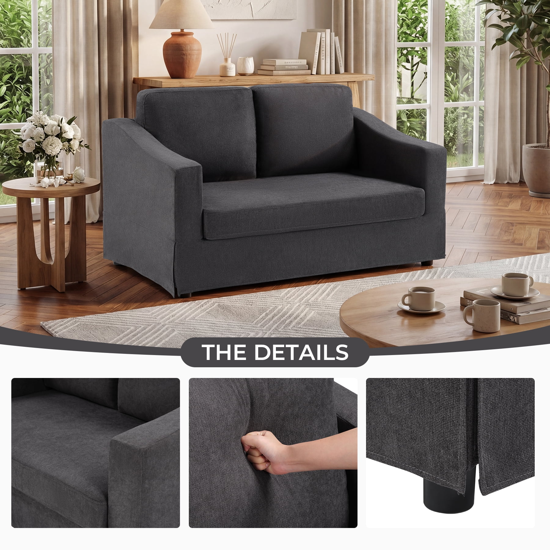 Ebello 2-Seater Loveseat Sofa, Thick Cushion Soft Fabric Upholstered Compact Couch for Living Room, Apartment, Office (Dark Gray)