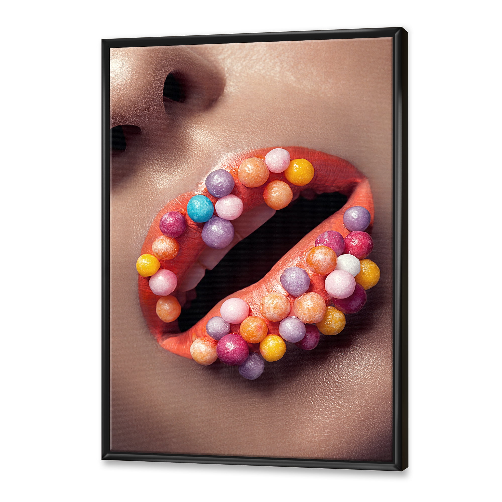 Designart 'Close Up of Creative Make Up On Woman Lips With Lolipops' Modern Framed Canvas Wall Art Print