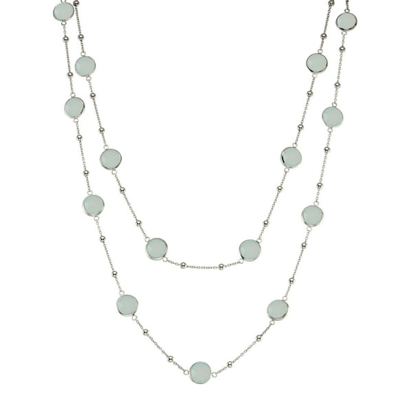 5th & Main Sterling Silver Bezel Necklace with Small Silver Stations and Aqua Chalcedony Round Gemstones