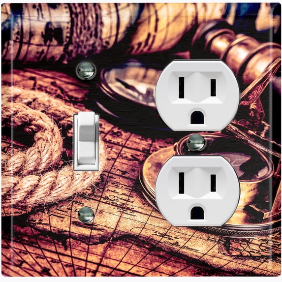 Metal Light Switch Plate Cover Vintage World Map Telescope Compass MAP002