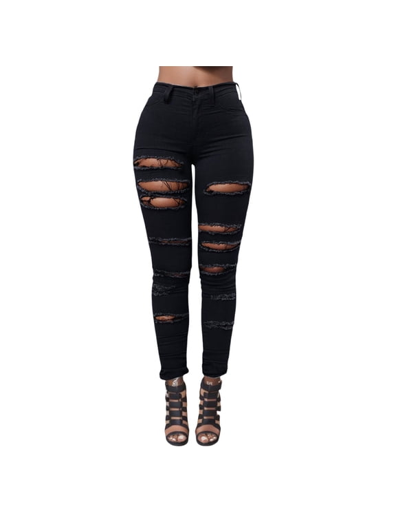 Women's High Waisted Jeans for Women Ripped Skinny Stretch Jeans Distressed Lifting Denim Pants Black, L