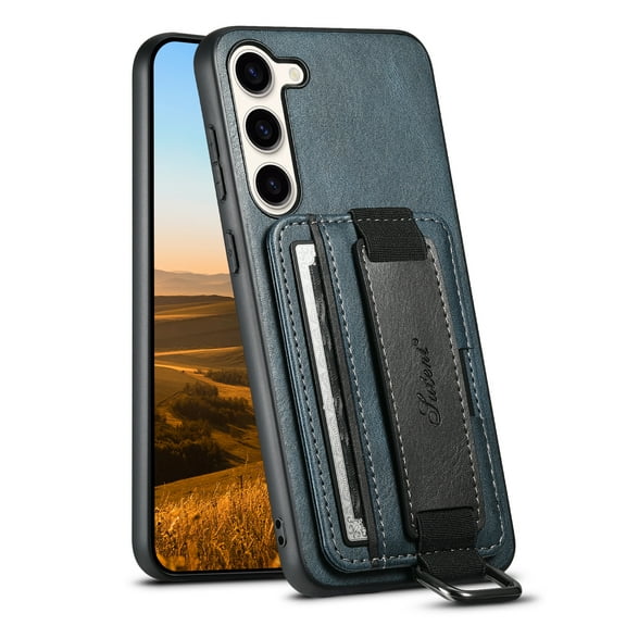 ELEHOLD Premium Leather Case for Samsung Galaxy S23 Plus 6.6 inch,Card Slot Wallet Kickstand Elastic Wristband Metal Ring Full Body Shockproof Protection Anti-Scratch Wallet Case,Blue