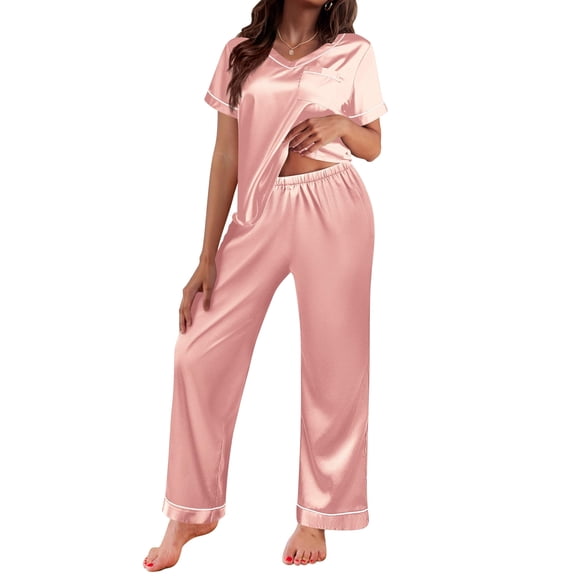 Ekouaer Women's Satin Silky Pajama Set Short Sleeve Two Piece Nightwear Short Sleeve T Shirt with Long Pajama Set Pj Loungewear