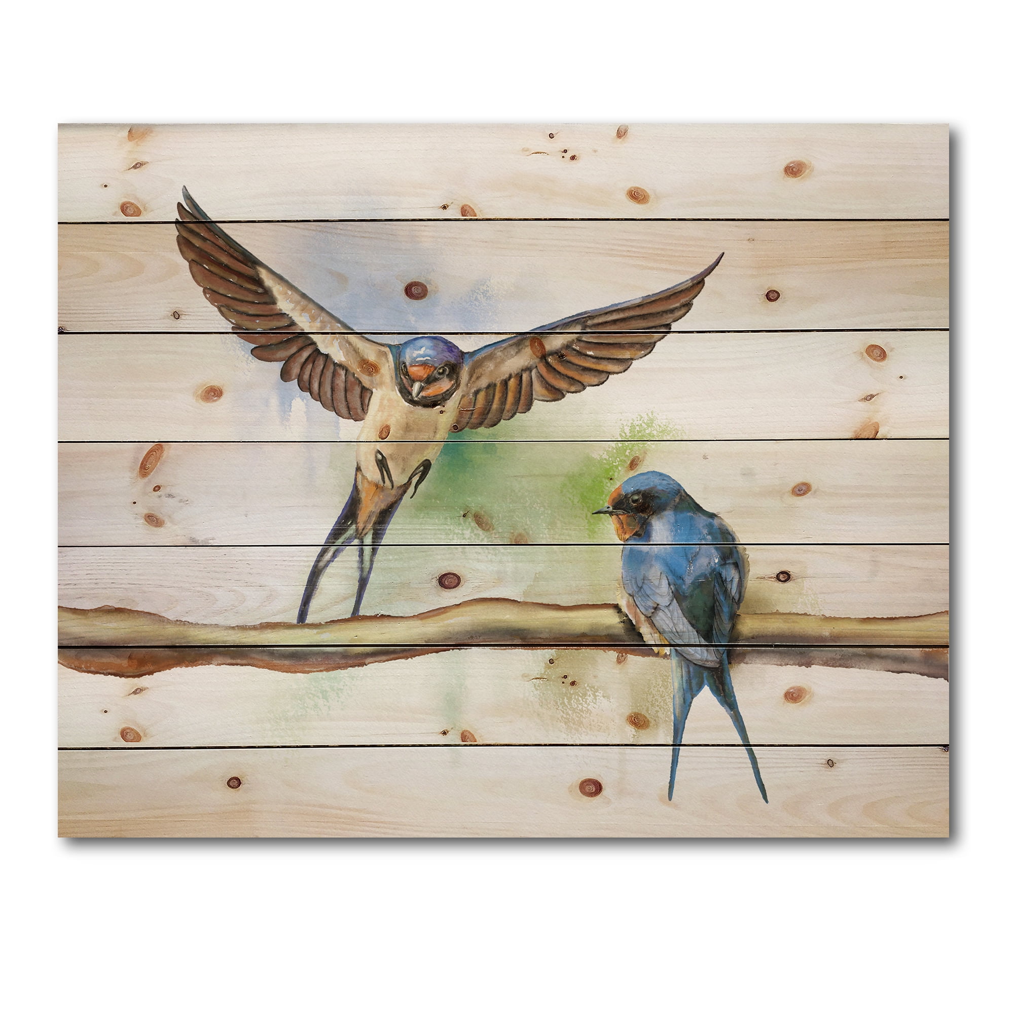 Designart 'Two Barn Swallows Birds On Branch' Farmhouse Print on Natural Pine Wood