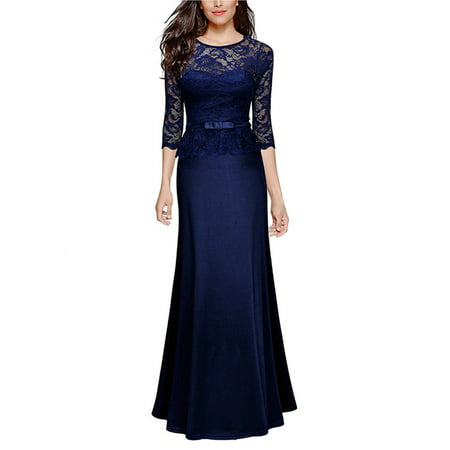 Women Vintage Lace Maxi Dress 3/4 Sleeve Slim Cocktail Formal Evening Ball Gowns Party Prom Bridesmaid Wedding Dresses