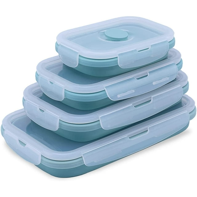 Set of 4 Collapsible Silicone Food Storage Container With BPA Free, Leftover Meal Box With Airtight Plastic Lids For Kitchen,Microwave & Freezer & Dishwasher Safe