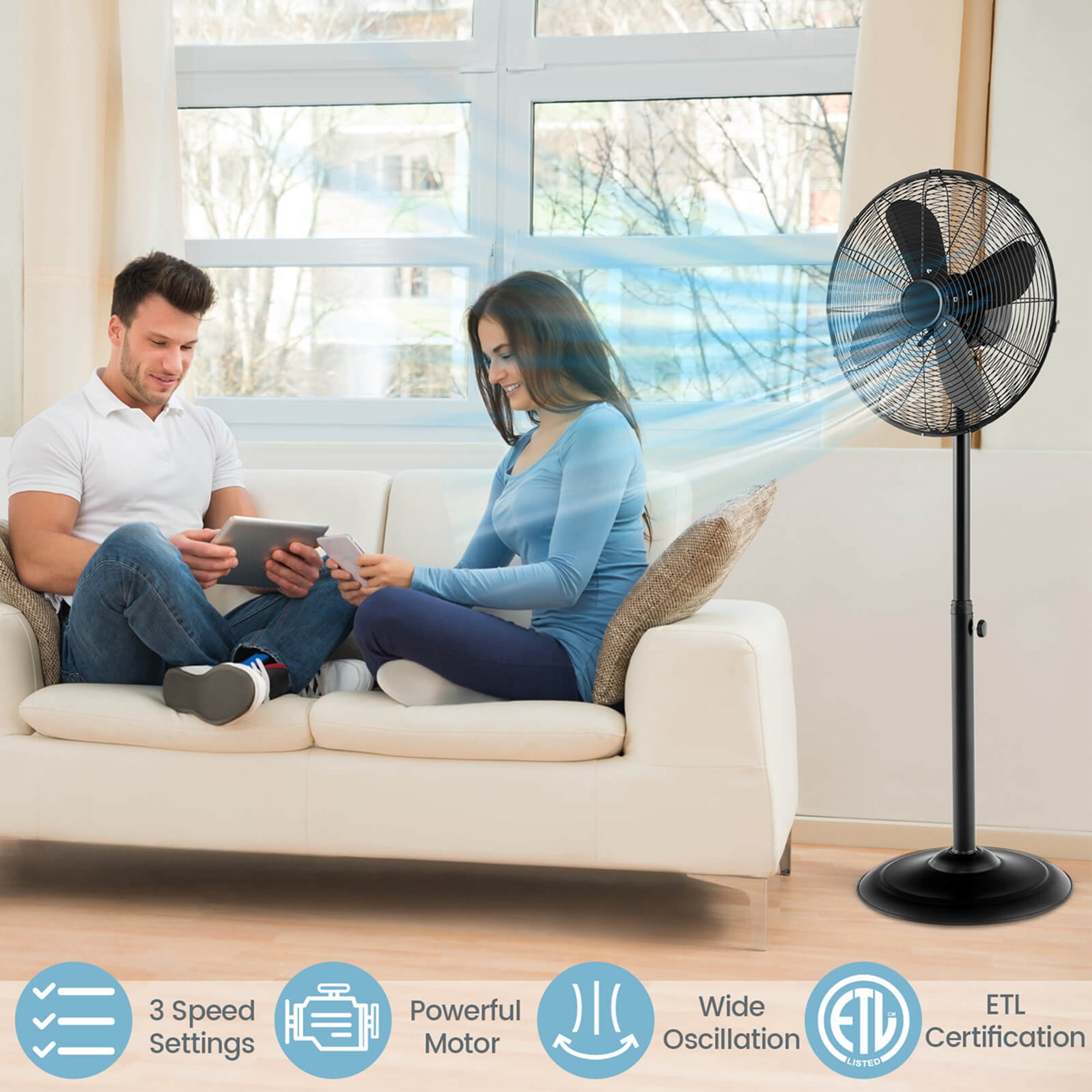 Costway 16" Standing Pedestal Fan with 3 Speed Settings Carrying Handle Aluminum Blades Black