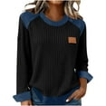 thumbnail image 3 of QATAINLAV Womens Ribbed Knit Long Sleeve Shirt Crewneck Color Block Denim Patchwork Sweaters Casual Textured Blouses Black S, 3 of 7