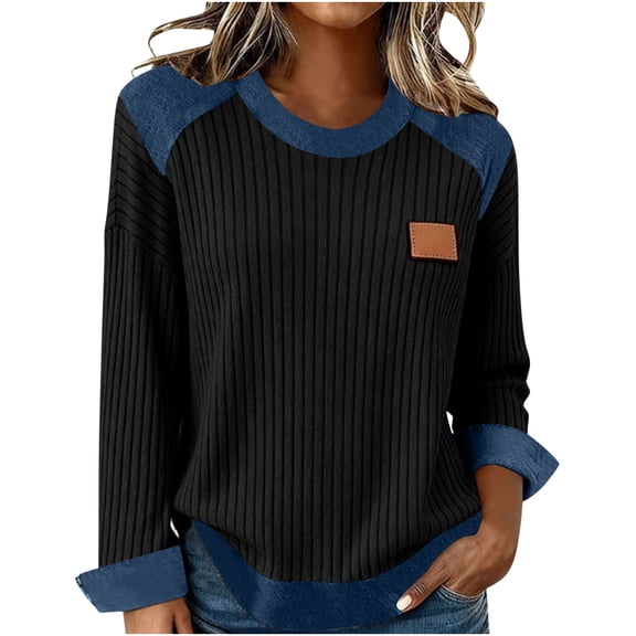 Moxiu Women's 2026 Spring Ribbed Knit Crewneck Long Sleeve Color Block Denim Patchwork Textured Pullover Sweater Tops Black,M