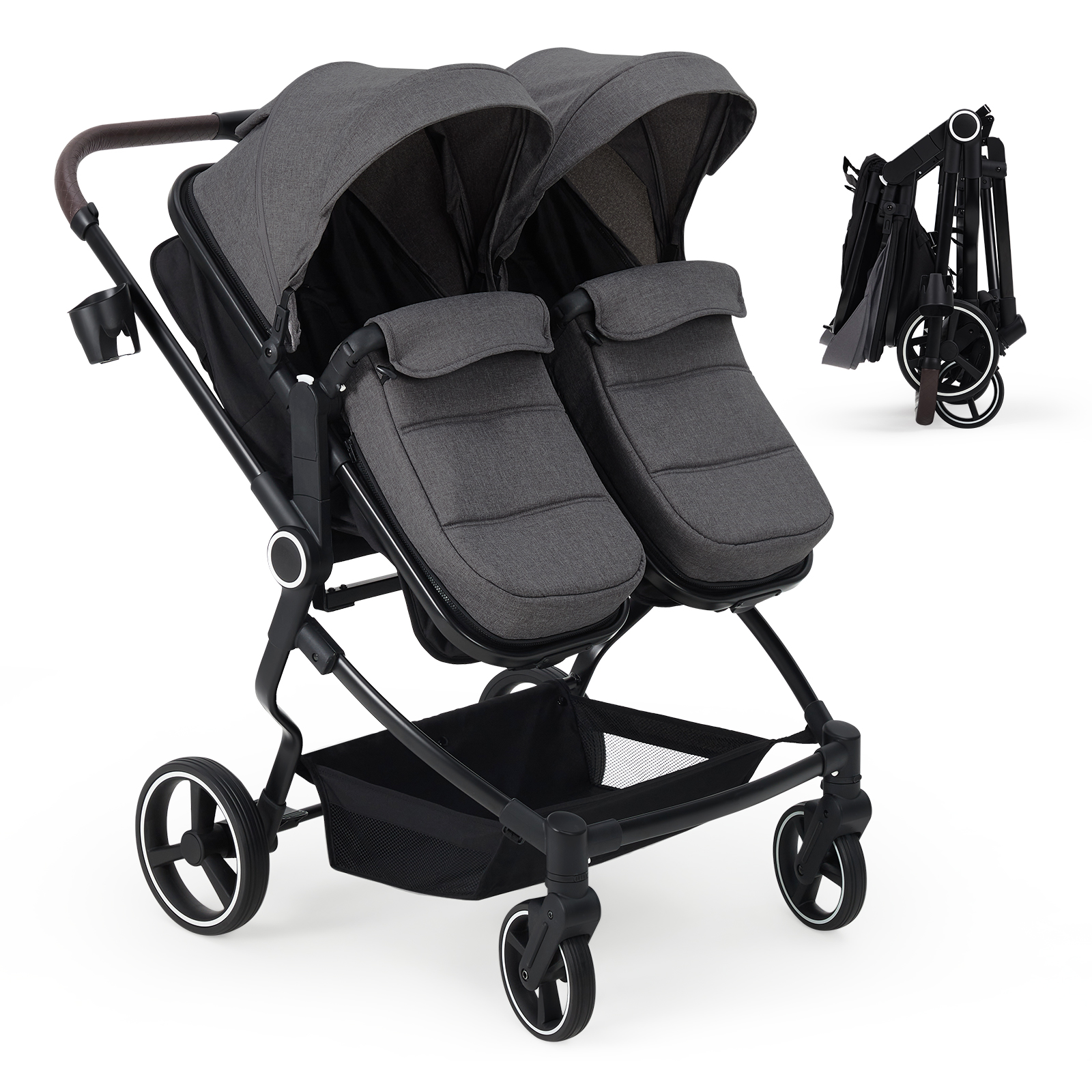 Roromall Side by Side Double Stroller for Twins, Adjustable Compact Folding Baby Travel Stroller with High Landscape Seat, Lightweight Canopy & Recline for Infant and Toddler
