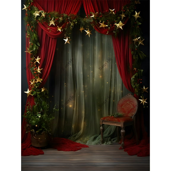 Christmas Photography Backdrop Winter Xmas Tree Fireplace Red Curtain Window Santa Claus Child Birthday Photo Background