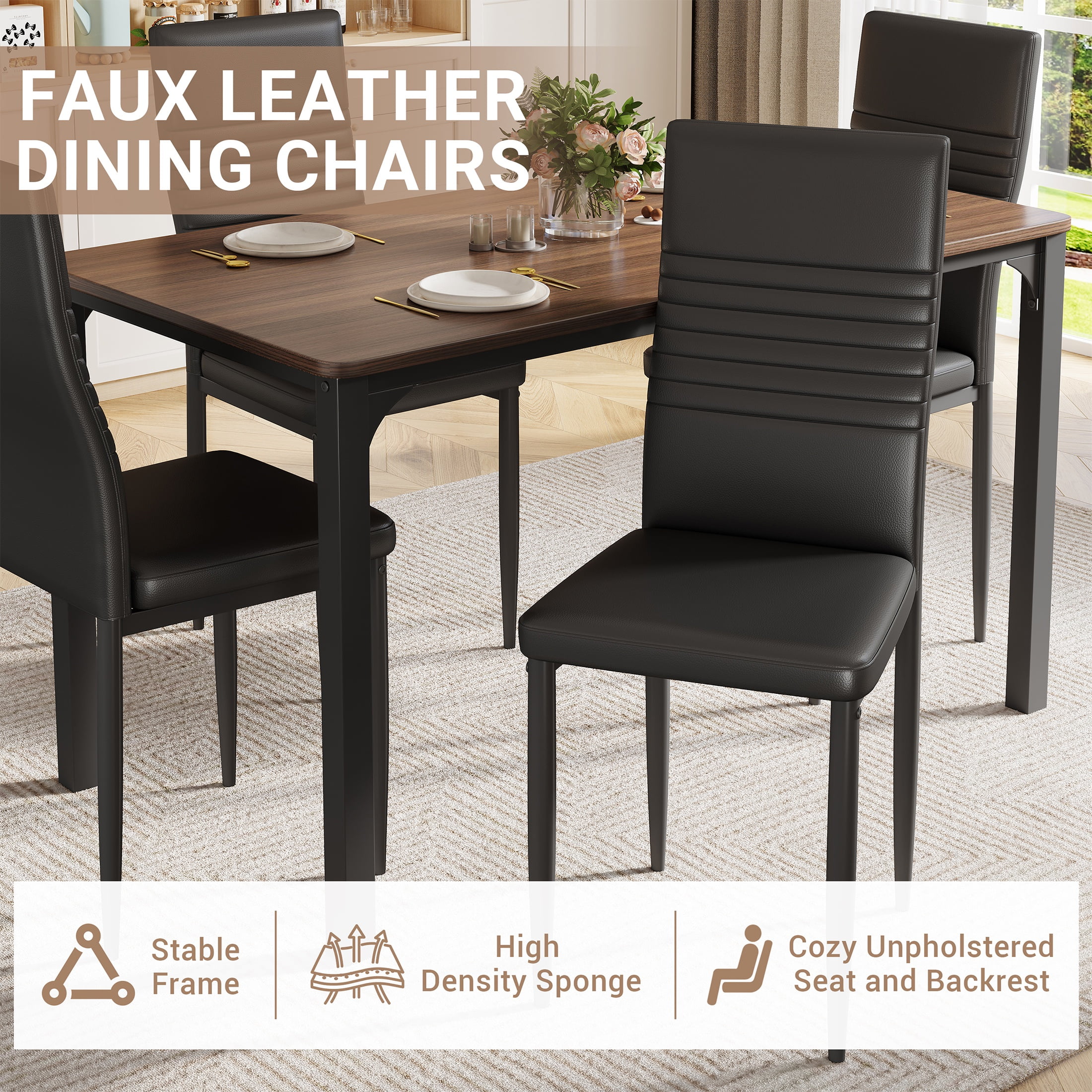 PORKISS 5 Piece Dining Set, Dining Table and Chairs Set for 4, Rectangle Kitchen Dining Table Set with 4 Upholstered Chairs, for Small Space, Breakfast Nook, Brown
