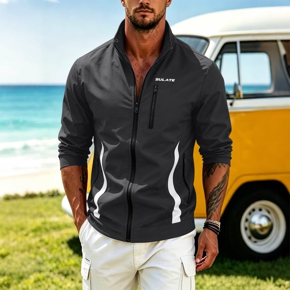 Ahabrexf Men's Black Zip Up Lightweight Jacket, Stand Collar Windbreaker with Multiple Zipper Pockets for Outdoor Casual Daily Sports