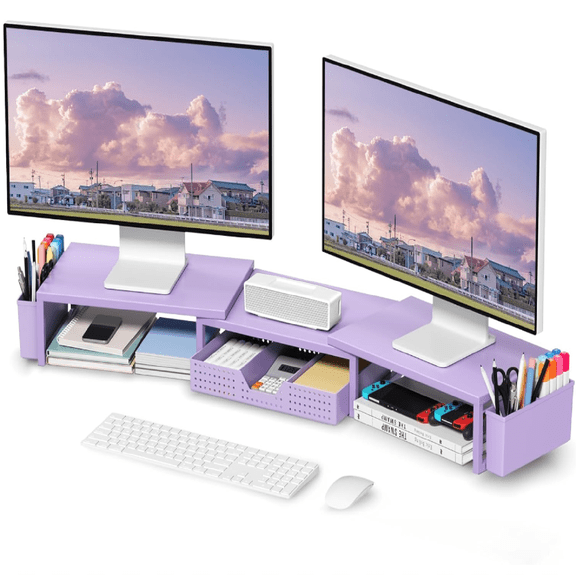 Purple Desk Organizers and Accessories, Dual Computer Monitor Stand Riser with Drawer and 2 Pen Holders, Office Desk Accessories, Workspace Desktop Organization for Office Supplies
