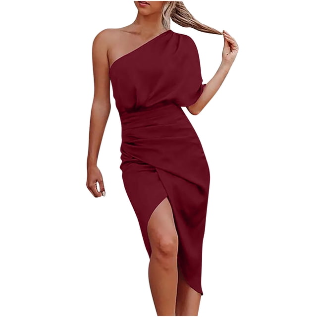 yoeyez Wedding Guest Dresses for Women Ruched Summer Elegant One Shoulder Slit Solid Color Party Formal Cocktail Dress