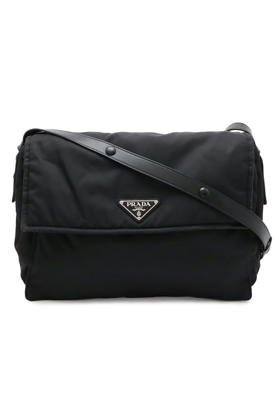 Pre-Owned PRADA Re-Nylon Triangle Padded Shoulder Bag/Handbag, Leather, Black (NERO) 1BD256