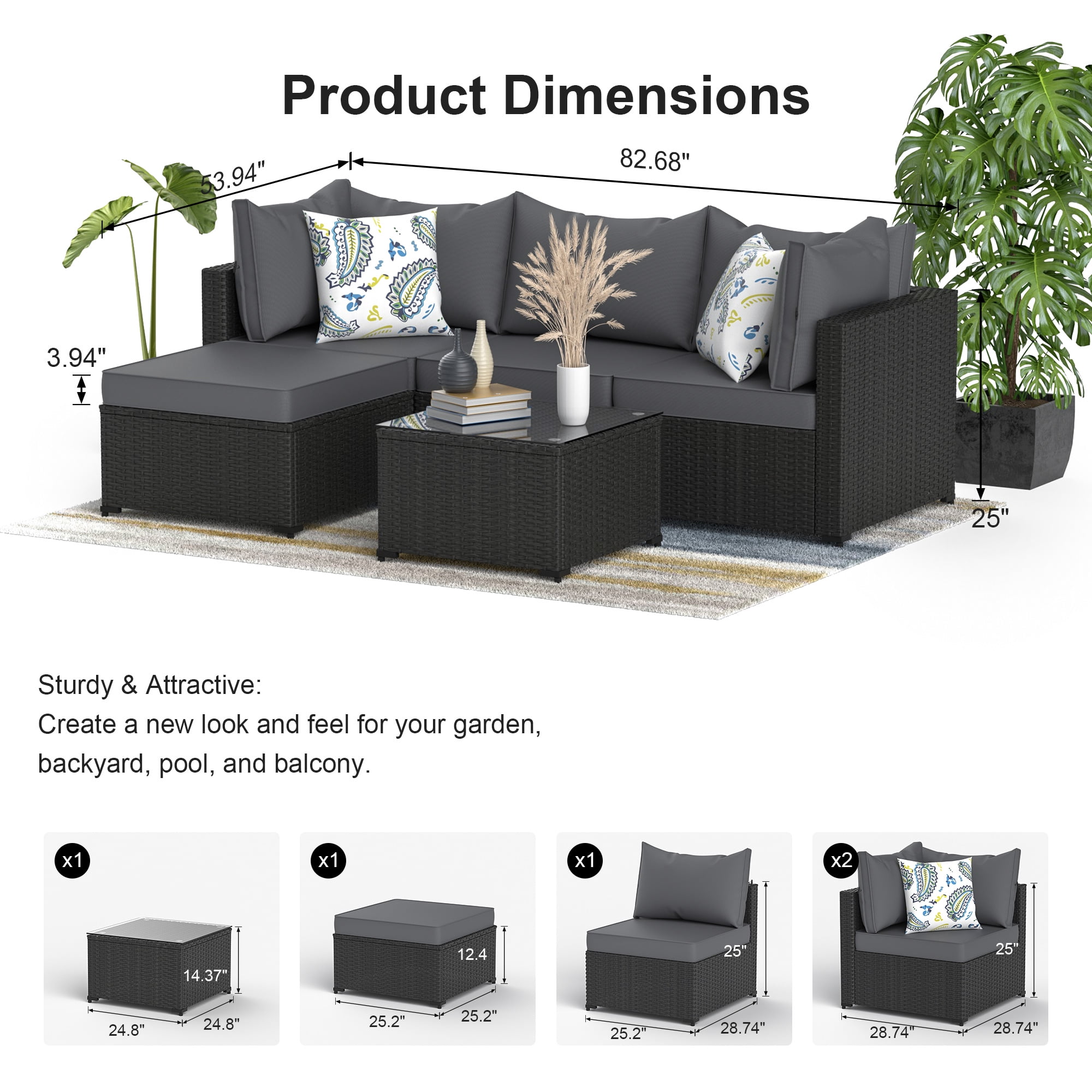 Phonjoroo 5pcs Patio Furniture Sets All Weather Outdoor Sectional Sofa Manual Weaving Wicker Rattan Outdoor Conversation Set with With Cushion And Glass Table, Grey