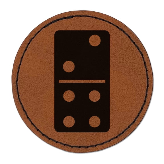 Dominoes Game Tile 2.5" Faux Leather Round Engraved Iron-On Patch - Brown
