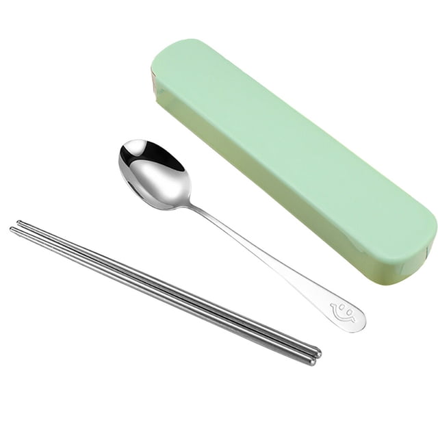 Ensemble de Cuillères à Baguettes Portables en Acier Inoxydable Étudiant avec Boîte de Rangement Baguettes Couverts de Bureau avec Boîte de Rangement, Sourire, Vert, 2Pcs