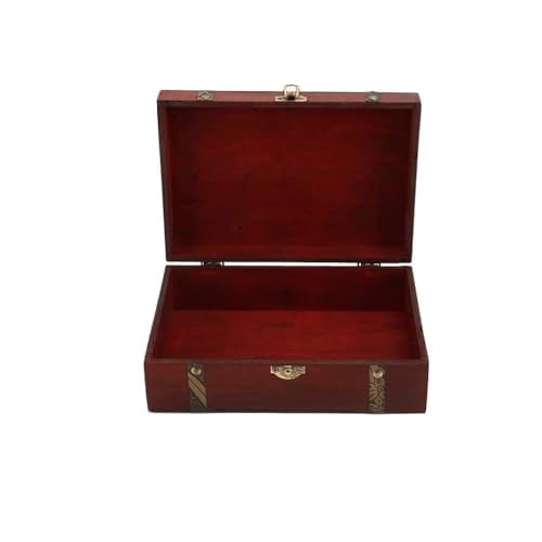 Vintage Wooden Treasure Chest Storage Box with Lock,Foldable Jewelry Organizer Case Golden Flower Pattern,Red Wood Trinket & Bin – 23×16×7.5cm