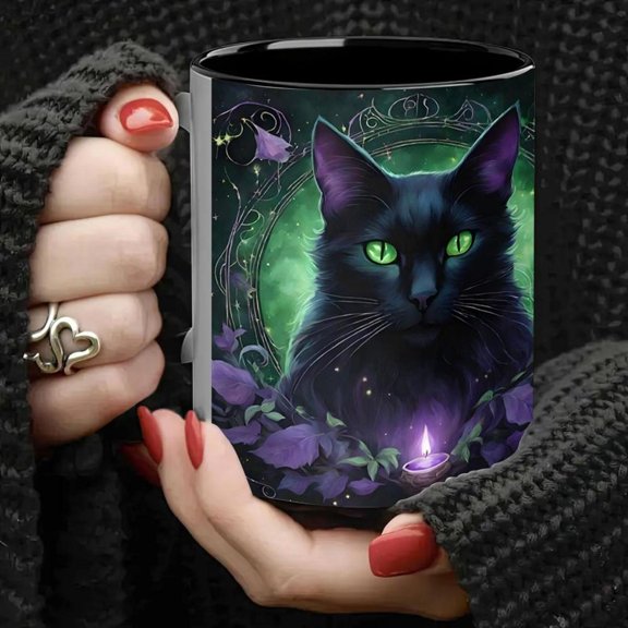11oz Ceramic Mug with Mystical Design Green Eyes Purple Floral Glowing Orb Accent Gothic Coffee Cup Tea Hot Chocolate Birthday Valentine s Easter Gift