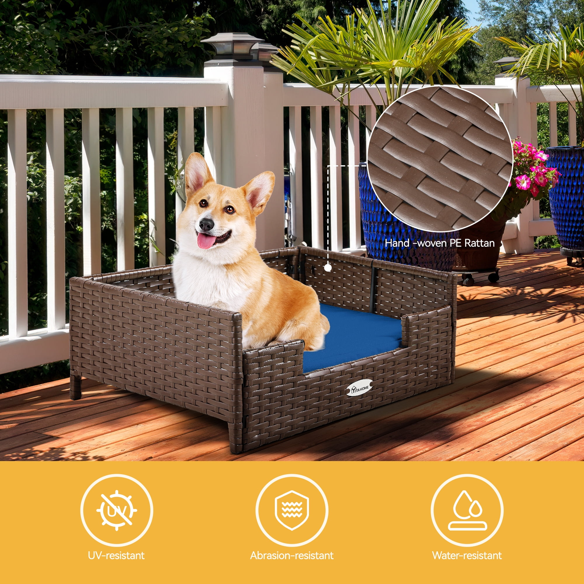 Dextrus Rattan Dog Bed with Blue Cushion, Indoor Outdoor Pet Bed for Small Medium Dogs and Cats,24.8''L*19.7''W*9.8''H,Brown
