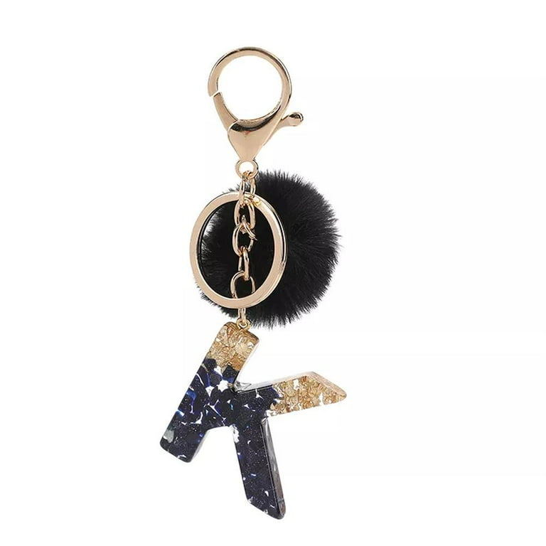 Black Resin Letter A-Z Keychain Alphabet Charm Key Ring with Pompom Fur  Ball for Women Girls Handbag Purse Q2L8 