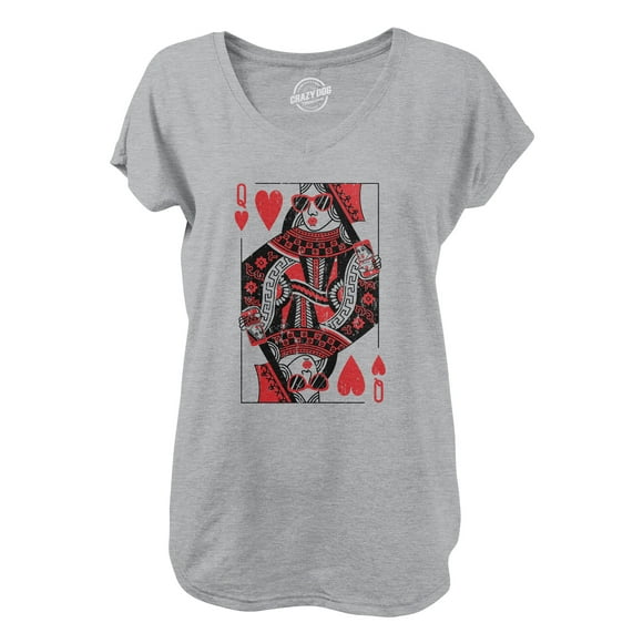 Womens Queen Of Hearts V-Neck Funny Vintage Graphic Cool Cute Shirt For Ladies (Light Heather Grey) - S