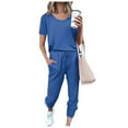 thumbnail image 5 of Clearance under $5 JINMGG Two Piece Outfits Women, 2023 Fashion Fall Clearance Fashion Women Summer Solid Button Casual Short SLeeve Top+ Pant Set Blue M, 5 of 6