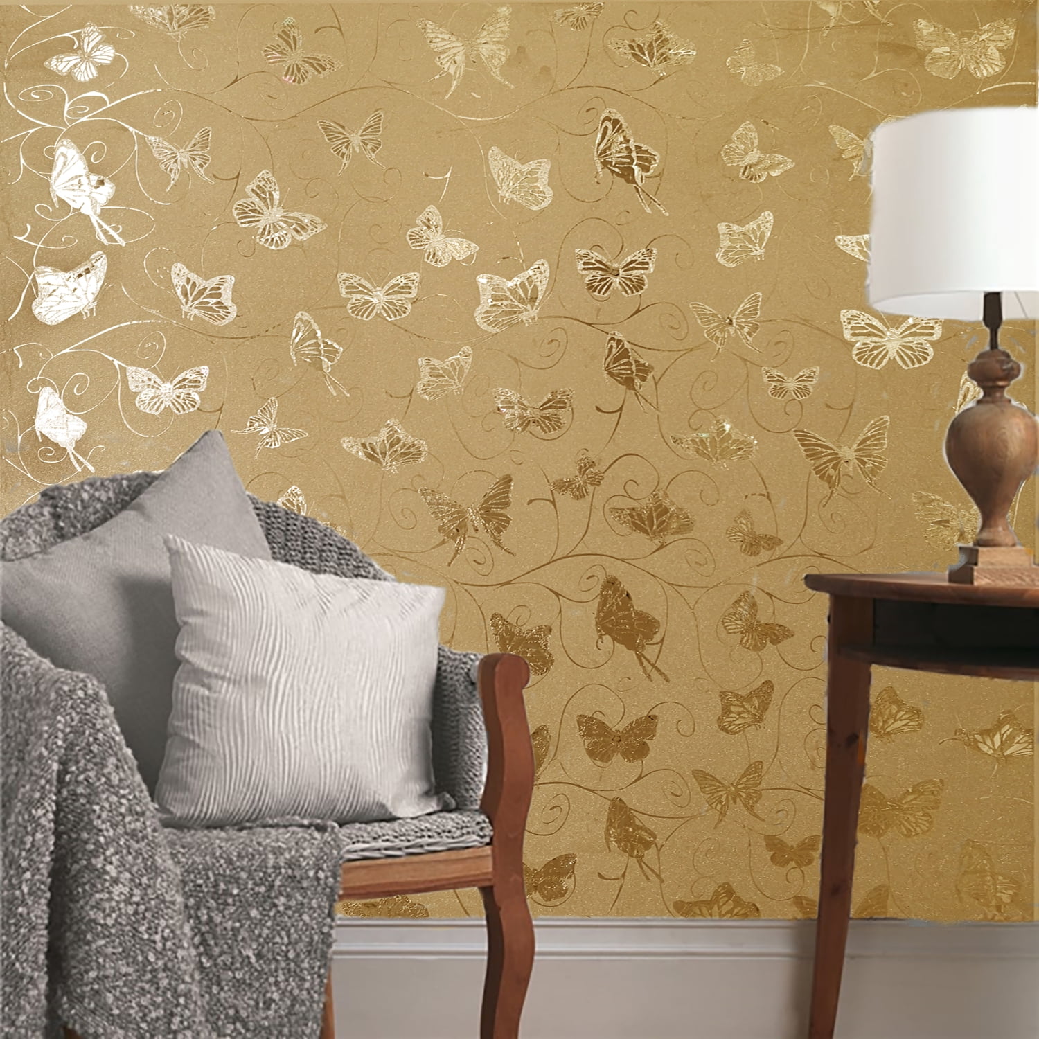 Dundee Deco Peel and Stick Self Adhesive Wallpaper - Animals Glitter Gold, Mustard Butterflies, Vines, 18 ft x 18 in