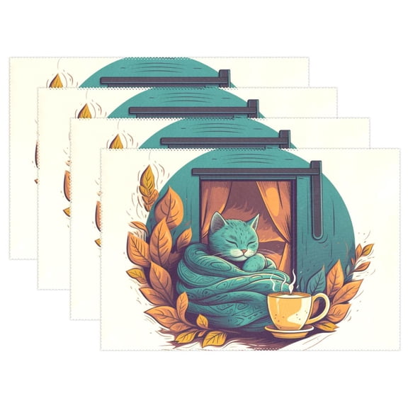 Cat Leaves Cup Blanket 12×18 inch Placemats Heat Resistant Washable Foldable Rectangular Placemats Set Decoration Indoor Outdoor for Kitchen Dining Table 1PC