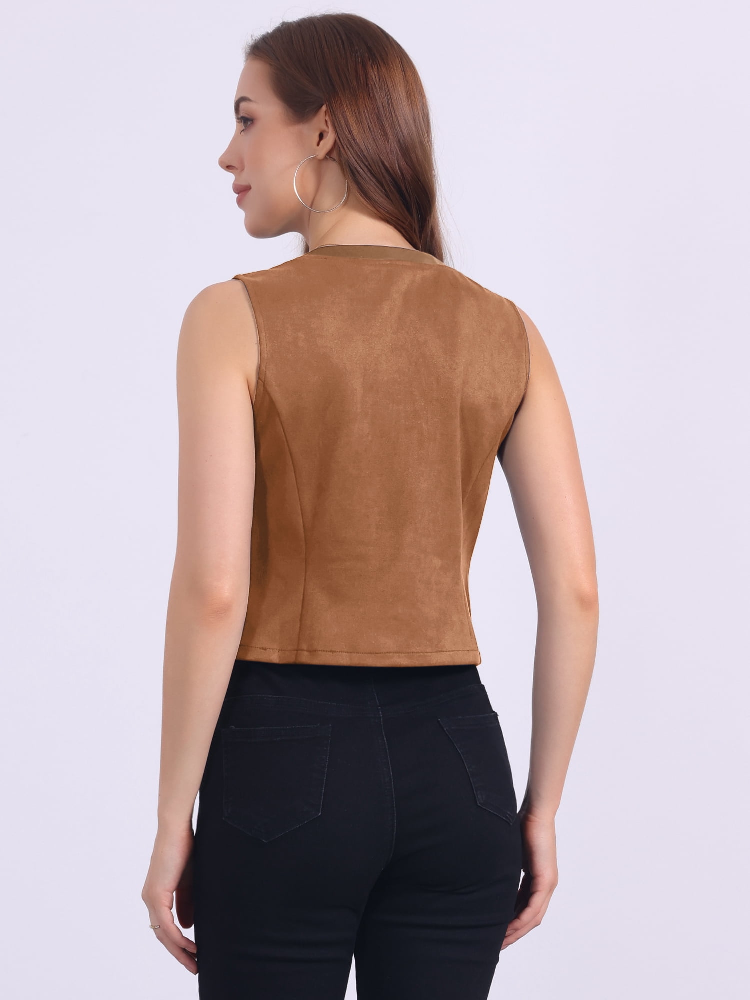 DARING DIVA Women's Vintage V Neck Faux Suede Button Down Sleeveless Jacket Vest XS Deep Brown