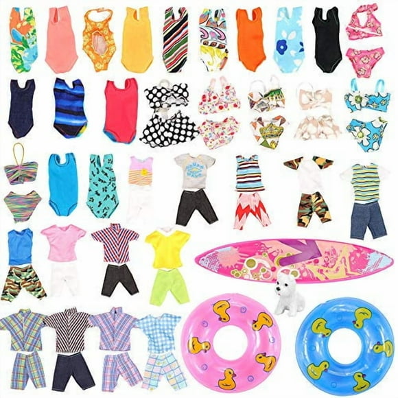 Miunana Lot de 11 Pcs Vêtements et Accessoires Faits à la Main pour Ken et Poupées de 11,5 Pouces/ 3 Maillots de Bain Aléatoires pour Ken + 5 Maillots de Bain pour Poupée de 11,5 Pouces + 1 Planche à Roulettes de Surf + 2 Bouées/ Été