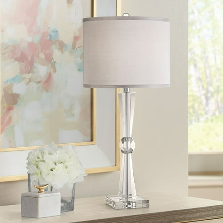 Vienna Full Spectrum Modern Table Lamp Art Deco Faceted Crystal Column Gray Drum Shade for Living Room Family Bedroom