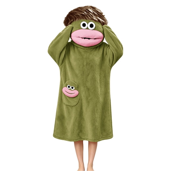Hsovts Kids Cozy Snuggle Big Mouth Monster Wearable Blanket Robe, Funny Fleece Hooded Pajama Robe, Halloween Gift for Boys Girls Green