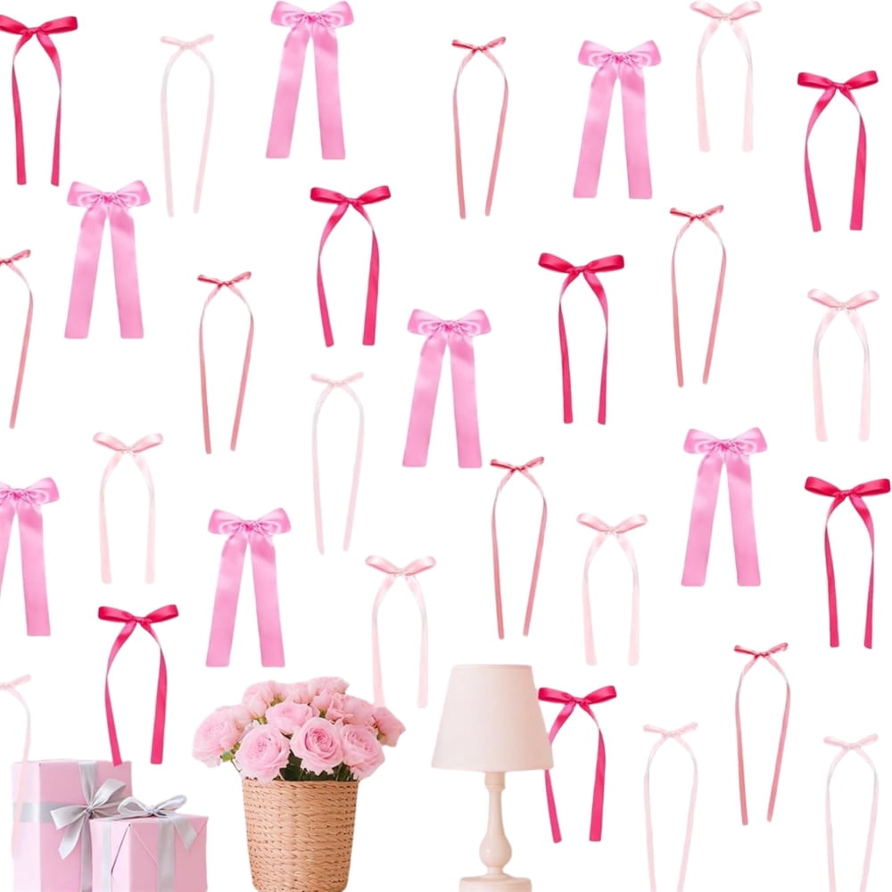 Pre-Strung Pink Bow Ribbon Garland - Satin Bows Banner For Baby Showers, Weddings, Bachelorette & Coquette Party Decor - View #6