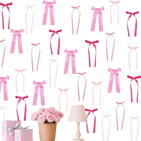 24 Pcs Pink Ribbon Bow Wall Decorations Cute Knot DIY Photo Backdrop Girls Satin Bows Garland for Birthday Bridal Shower Bachelorette Wedding Party,Home Decor By Scheam