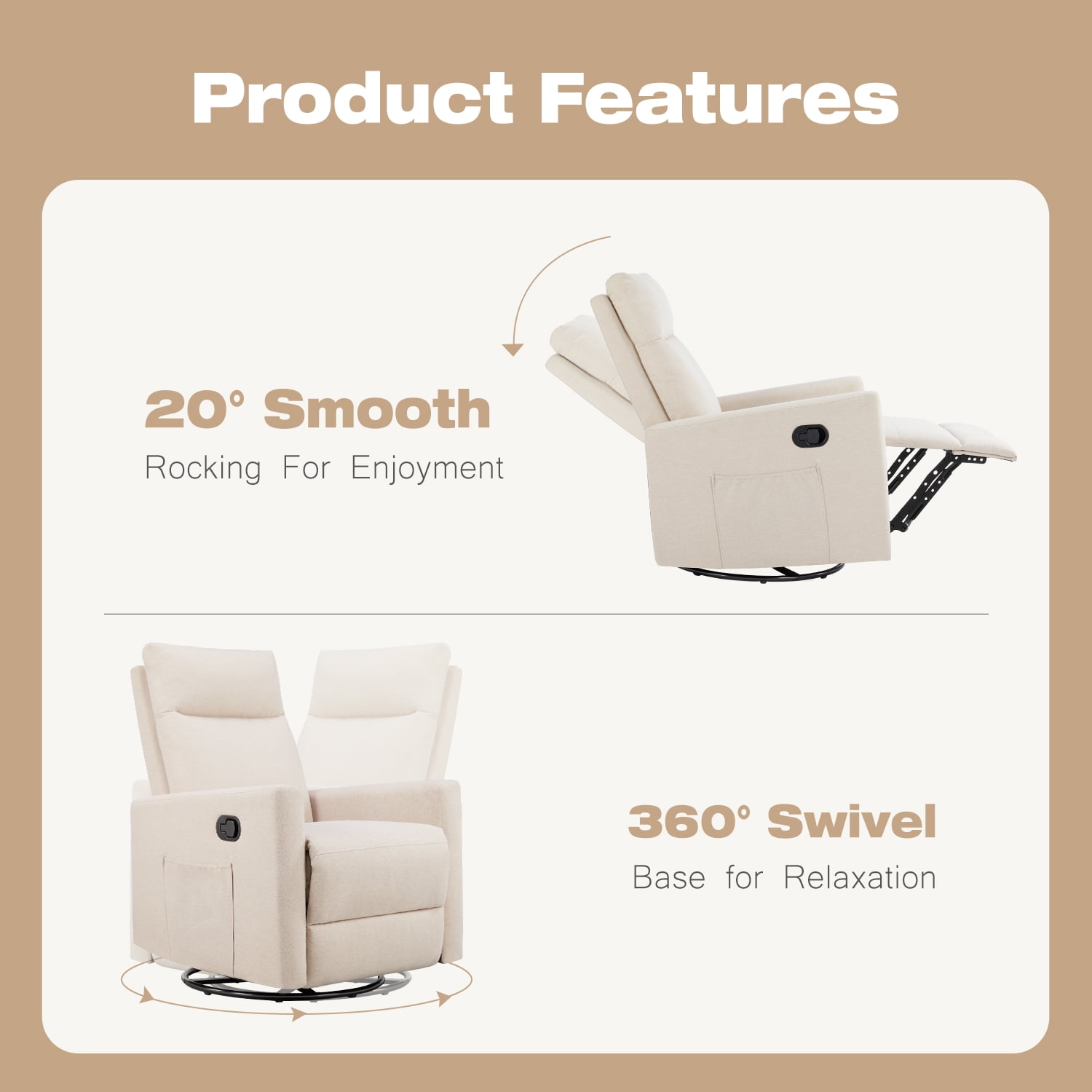 Luxurious Rocking Chair Nursery, Swivel Rocker Recliner for Comfort in Your Nursery, Living Room, and Bedroom, Beige