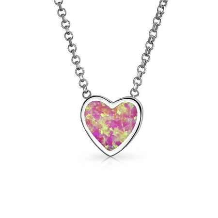 - Small Simple Bezel Pink Created Opal Slide Heart Shape Pendant Necklace For Women For Teen 925 Sterling Silver