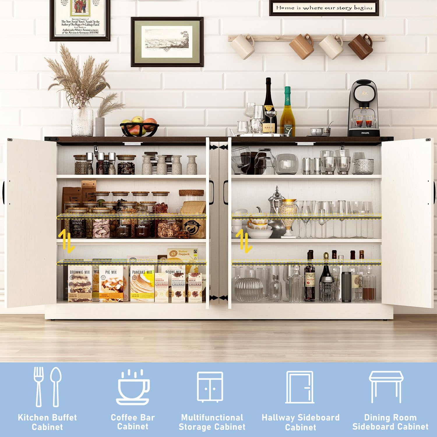 ChVans 65" Farmhouse Kitchen Buffet Cabinet with 4 Barn Doors, 34" Tall Wood Sideboard Credenza with Storage and Adjustable Shelves for Kitchen, Dining Room, Living Room, White-Brown