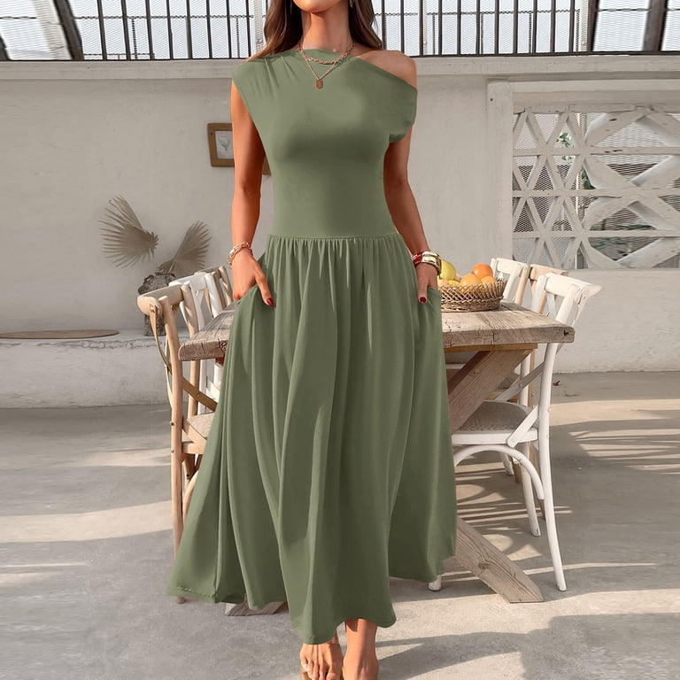 Kaliqueen Wedding Guest Dress One Shoulder Casual Slim Swing Pleated Elegant  Formal Dresses with Pockets Solid Color Party Beach Maxi Dresses