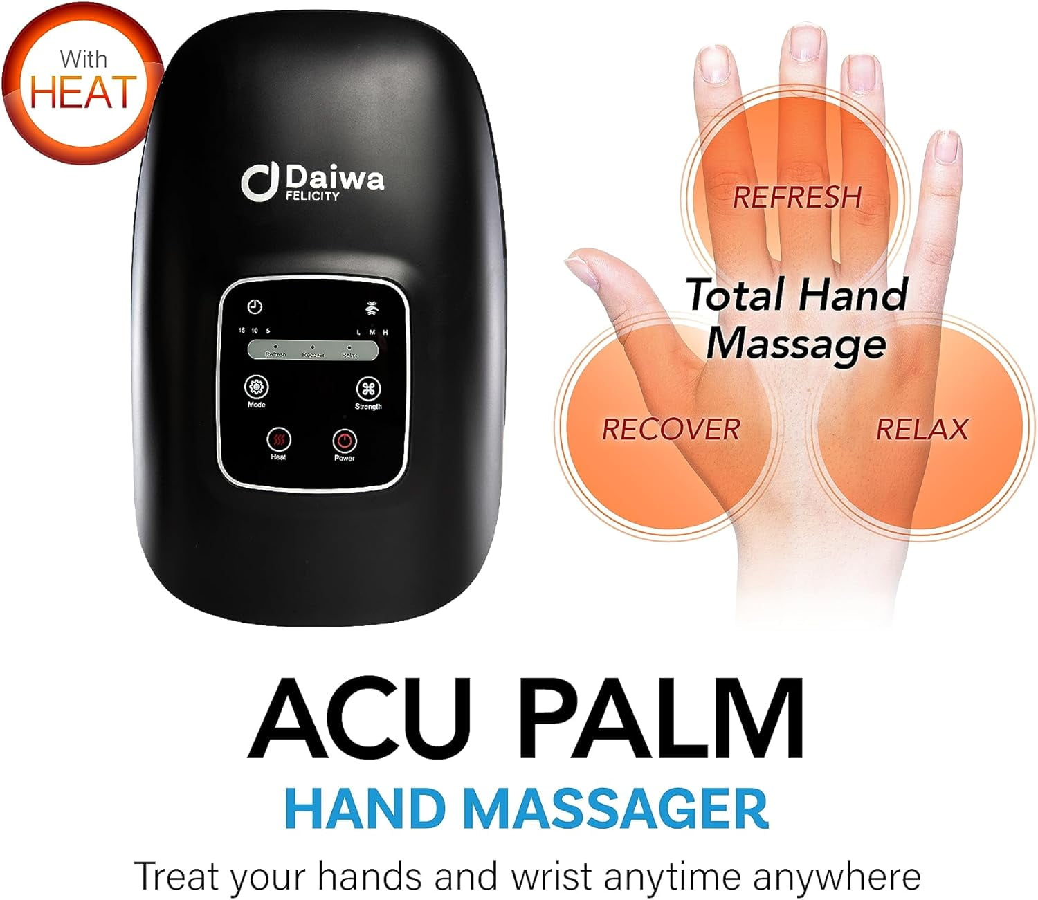 Daiwa Felicity ACU PALM Cordless Hand Massager with Heat and Compression FSA HSA Eligible Wrist and Hand Massager for Arthritis and Carpal Tunnel